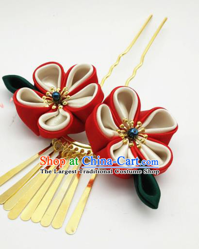 Asian Japanese Traditional Geisha Red Flowers Hair Comb Japan Kimono Handmade Classical Hair Accessories for Women