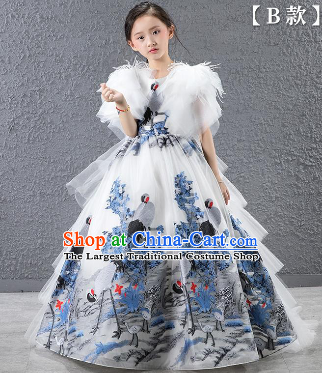 Children Modern Dance Costume Chinese Compere Catwalks Printing Cranes Full Dress for Kids