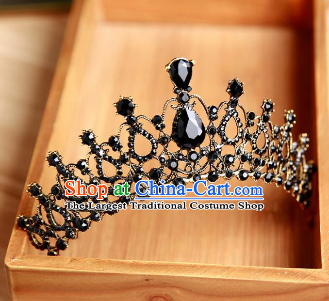 Handmade Top Grade Bride Hair Accessories Baroque Queen Black Royal Crown for Women