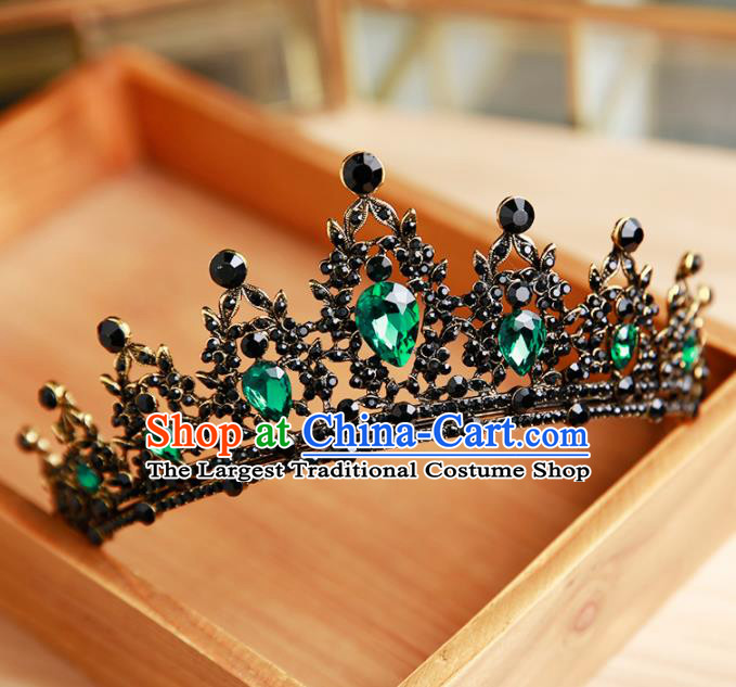 Handmade Top Grade Bride Hair Accessories Baroque Queen Green Crystal Black Royal Crown for Women