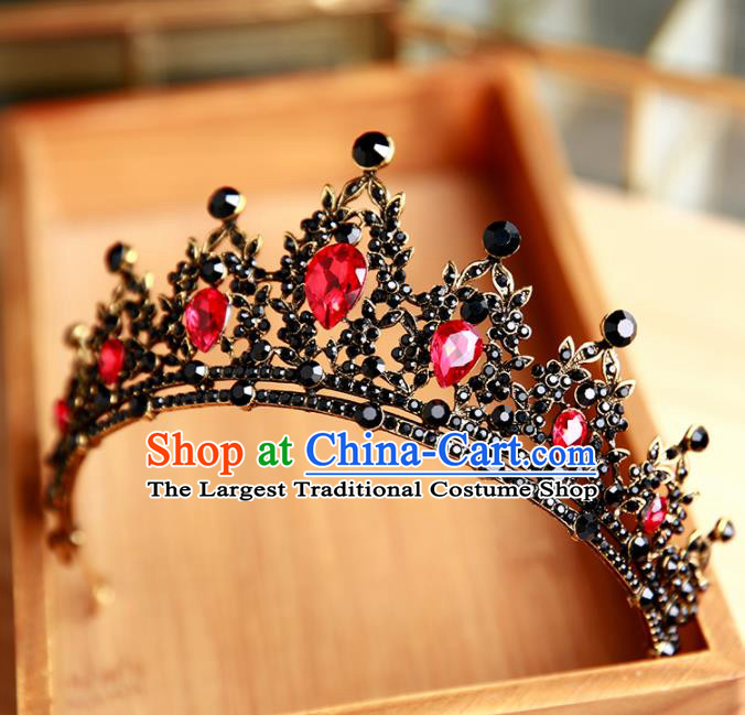 Handmade Top Grade Bride Hair Accessories Baroque Queen Red Crystal Black Royal Crown for Women