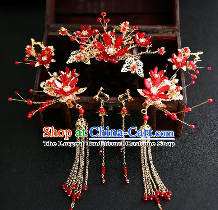 Chinese Ancient Traditional Hanfu Red Flowers Hair Comb Hairpins Handmade Classical Hair Accessories for Women