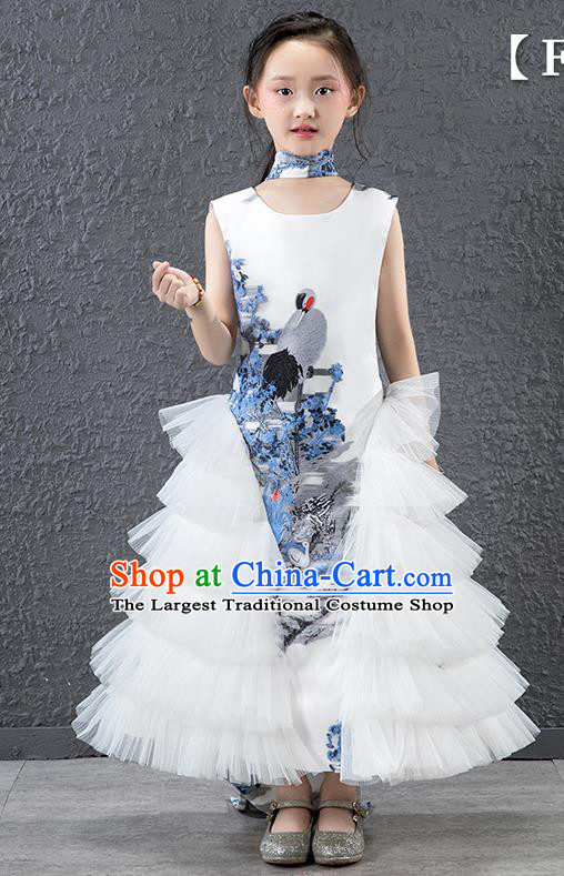 Children Modern Dance Costume Chinese Compere Catwalks White Veil Dress for Kids