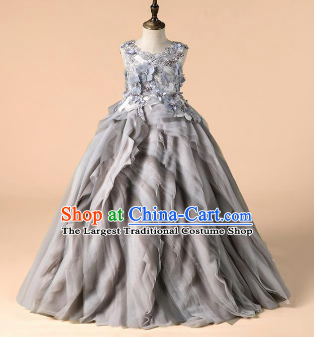 Children Catwalks Costume Girls Catwalks Compere Modern Dance Grey Veil Full Dress for Kids