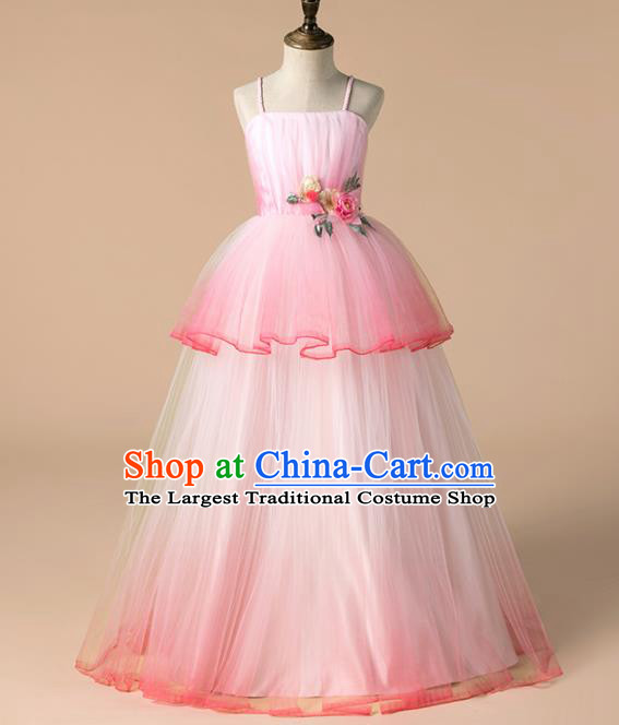 Children Catwalks Costume Girls Catwalks Compere Modern Dance Pink Veil Full Dress for Kids