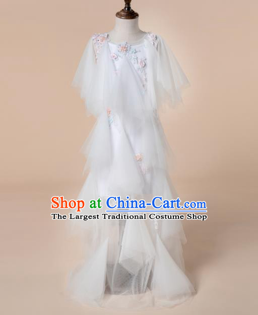 Children Princess Catwalks Costume Girls Compere Modern Dance White Veil Full Dress for Kids