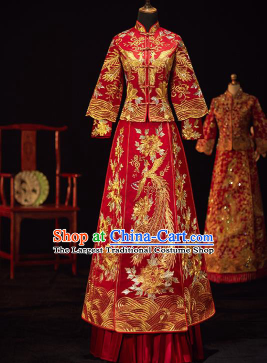 Chinese Traditional Wedding Costumes Ancient Bride Embroidered Phoenix Peony Xiuhe Suits Red Full Dress for Women