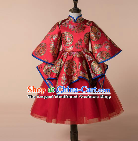 Children Catwalks Costume Chinese Girls Compere Modern Dance Red Satin Cheongsam Full Dress for Kids