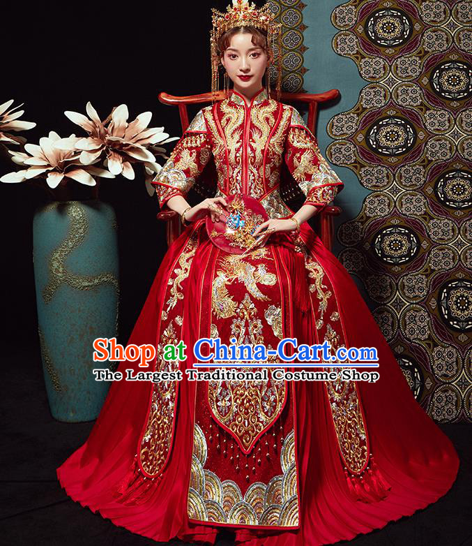 Chinese Traditional Wedding Costumes Bride Embroidered Xiuhe Suits Ancient Red Full Dress for Women