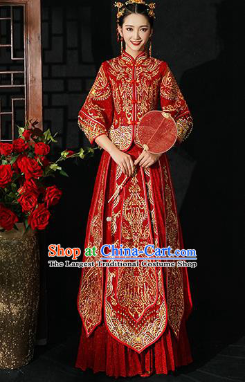 Chinese Traditional Wedding Costumes Bride Xiuhe Suits Ancient Toast Embroidered Red Full Dress for Women