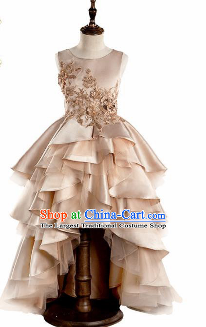 Children Catwalks Costume Girls Compere Modern Dance Golden Satin Full Dress for Kids