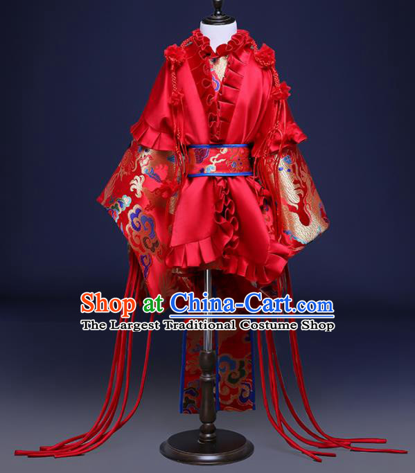 Chinese Children Catwalks Costume Girls Compere Modern Dance Red Full Dress for Kids