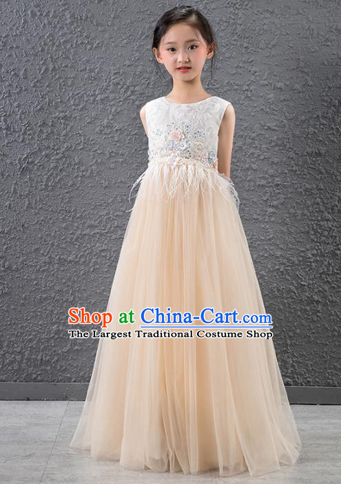 Children Stage Performance Catwalks Costume Compere Princess Champagne Veil Full Dress for Girls Kids