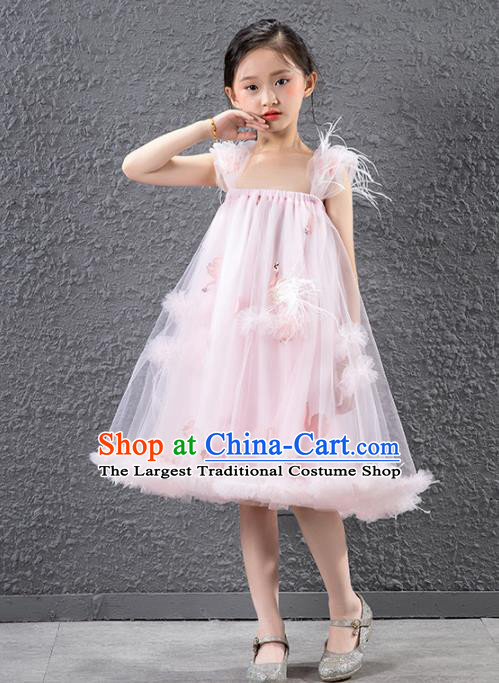 Children Stage Performance Catwalks Costume Compere Feather Full Dress for Girls Kids