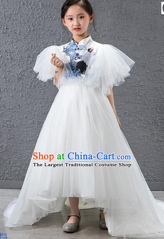 Children Modern Dance Costume Chinese Compere Halloween Catwalks Embroidered White Full Dress for Kids