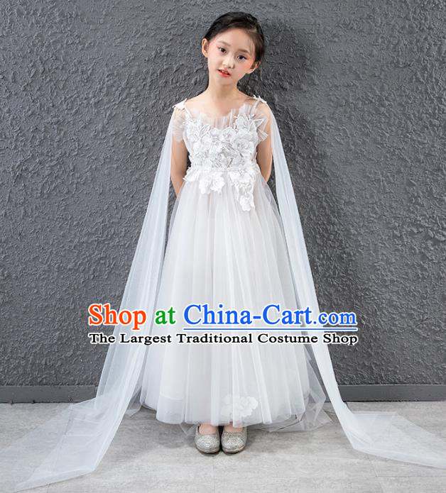 Children Catwalks Stage Performance Costume Compere Princess White Veil Full Dress for Girls Kids