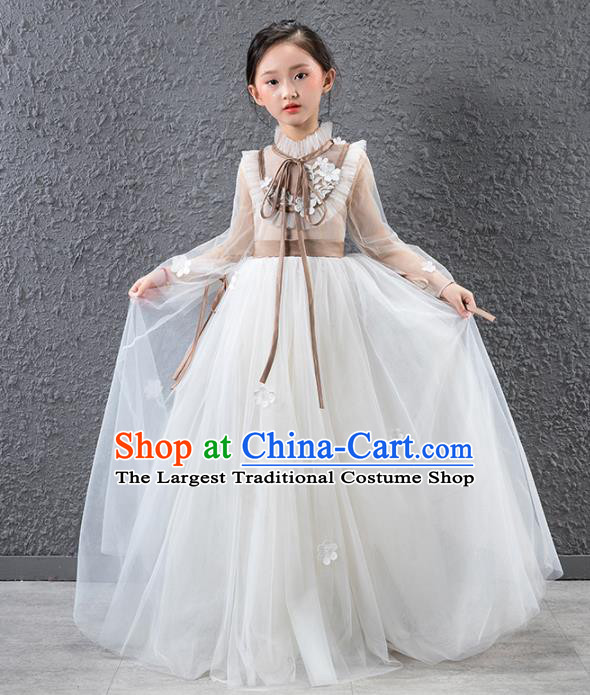 Children Catwalks Stage Performance Costume Compere White Veil Full Dress for Girls Kids