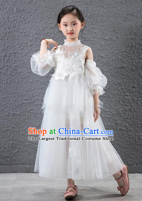 Children Catwalks Flowers Fairy Stage Performance Costume Compere White Veil Full Dress for Girls Kids