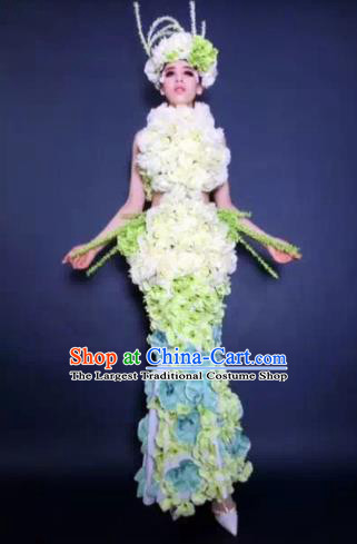 Brazilian Carnival Parade Halloween Costumes Catwalks Stage Show Green Flowers Dress and Headwear for Women