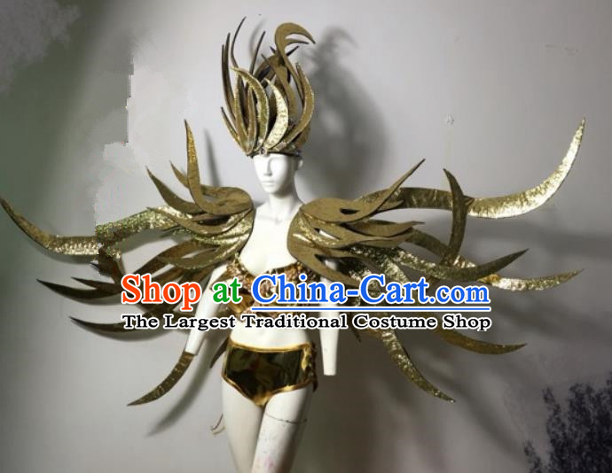 Brazilian Carnival Parade Costumes Halloween Catwalks Golden Clothing and Wings for Women