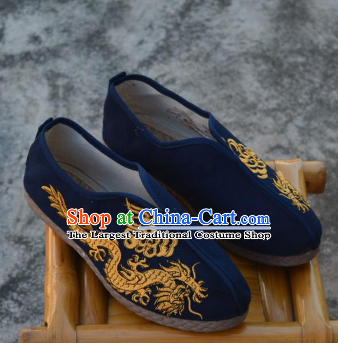 Chinese Traditional Navy Shoes Ancient Swordsman Shoes Embroidered Dragons Shoes for Men