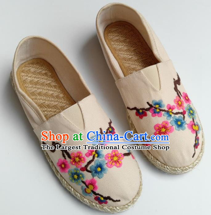 Chinese Traditional Hanfu Shoes Ancient Princess Shoes Embroidered Beige Linen Shoes for Women