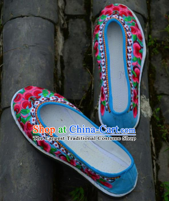 Chinese Traditional Hanfu Blue Shoes Ancient Princess Shoes Embroidered Shoes for Women