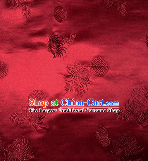 Asian Chinese Tang Suit Wine Red Brocade Material Traditional Longevity Chrysanthemum Pattern Design Satin Silk Fabric