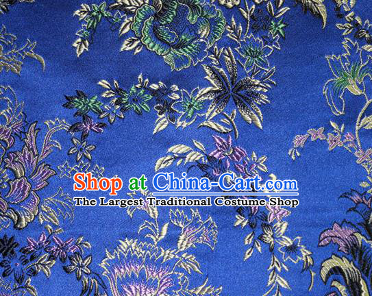 Asian Chinese Tang Suit Silk Fabric Royalblue Brocade Traditional Peony Pattern Design Satin Material