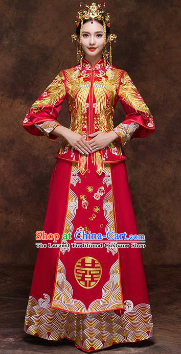 Chinese Traditional Wedding Dress Red Xiuhe Suits Ancient Bride Handmade Embroidered Costumes for Women