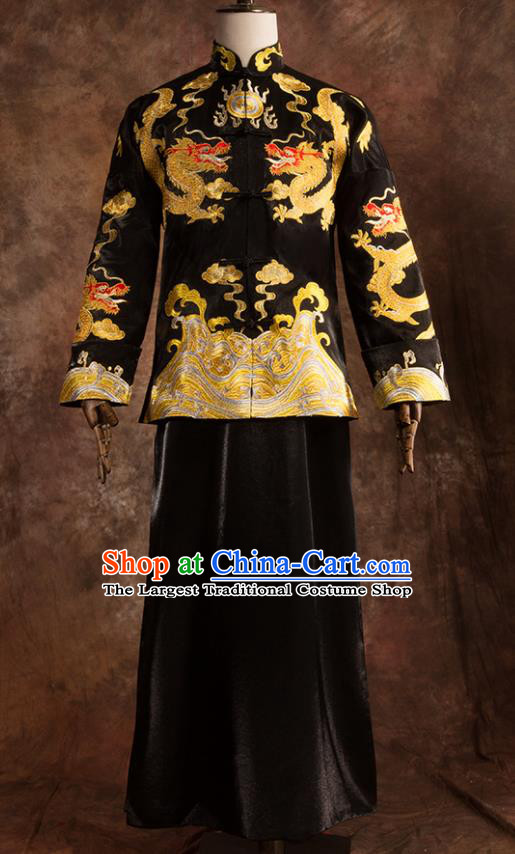 Chinese Traditional Wedding Costumes Bridegroom Embroidered Dragon Tang Suit Black Gown for Men