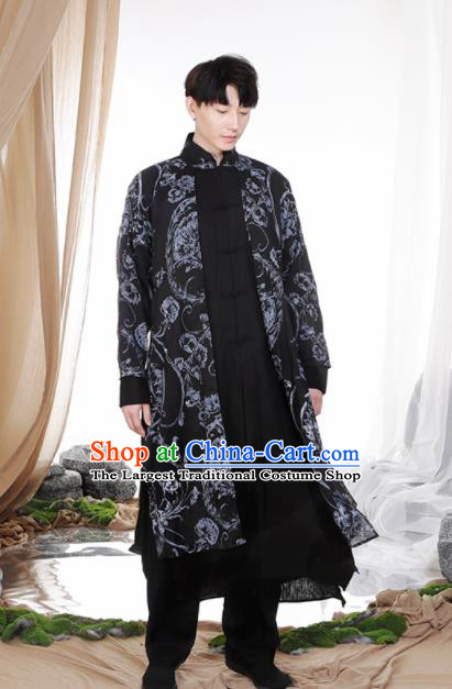 Chinese Traditional Tang Suit Costumes National Navy Linen Overcoat for Men