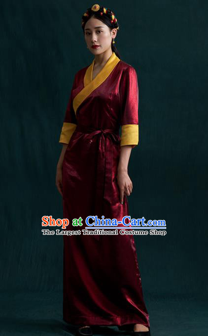 Traditional Chinese Zang Nationality Dance Costumes Wine Red Tibetan Robe Ethnic Folk Dance Dress for Women