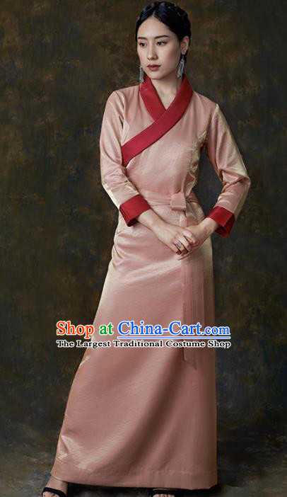 Traditional Chinese Zang Nationality Dance Costumes Pink Tibetan Robe Ethnic Folk Dance Dress for Women