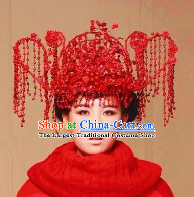 Chinese Ancient Bride Red Phoenix Coronet Wedding Hair Accessories Hairpins Headwear for Women