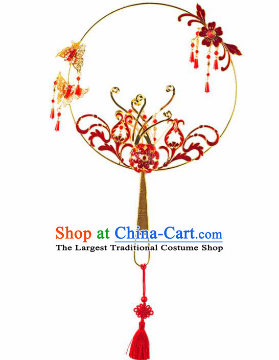 Chinese Ancient Wedding Accessories Bride Palace Fans Handmade Red Round Fan for Women