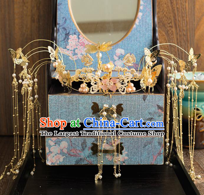 Chinese Ancient Wedding Hair Accessories Bride Golden Tassel Phoenix Coronet Hairpins Headwear for Women