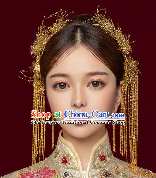 Chinese Ancient Wedding Hair Accessories Golden Tassel Step Shake Bride Hairpins Headwear for Women