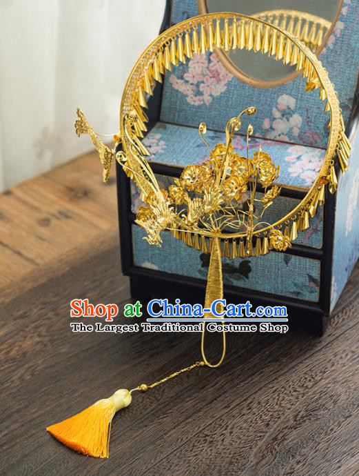 Chinese Ancient Wedding Accessories Bride Handmade Round Fans Golden Palace Fans for Women