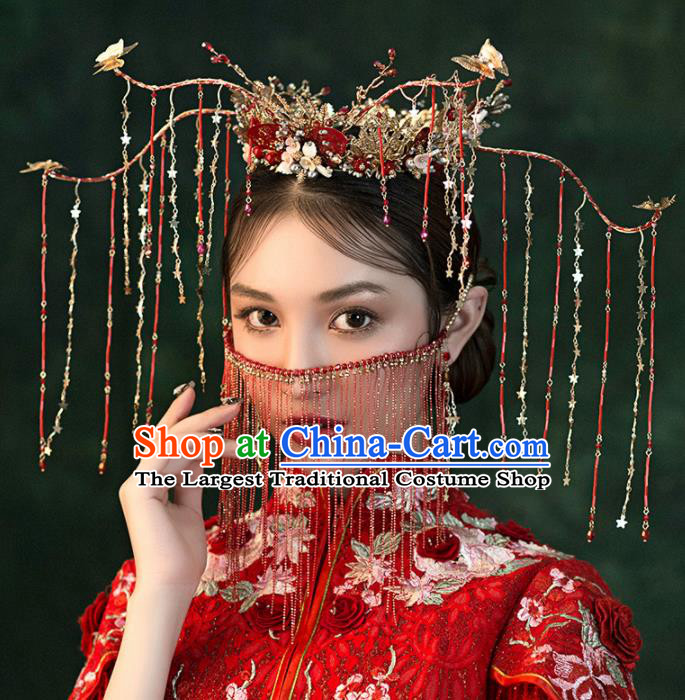 Chinese Ancient Wedding Hair Accessories Red Tassel Phoenix Coronet Bride Hairpins Headwear for Women