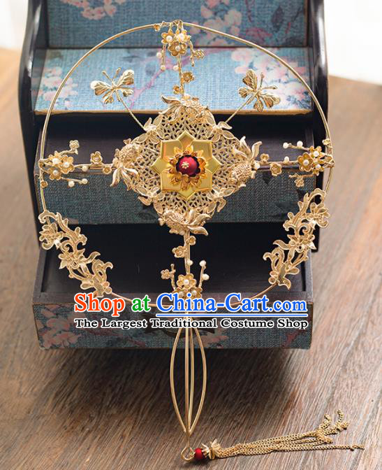 Chinese Ancient Wedding Accessories Bride Handmade Golden Palace Fans Hanfu Round Fans for Women