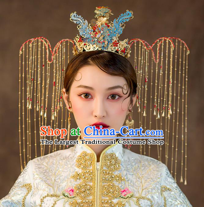 Chinese Ancient Queen Wedding Hair Accessories Luxury Cloisonne Phoenix Coronet Bride Hairpins Headwear for Women