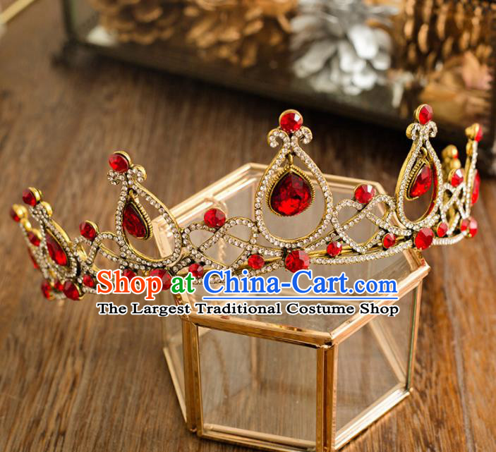 Top Grade Handmade Wedding Princess Hair Accessories Bride Red Crystal Royal Crown Headwear for Women