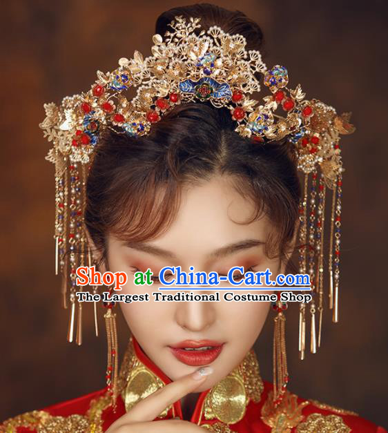 Chinese Ancient Bride Golden Phoenix Coronet Wedding Hair Accessories Palace Hairpins Headwear for Women