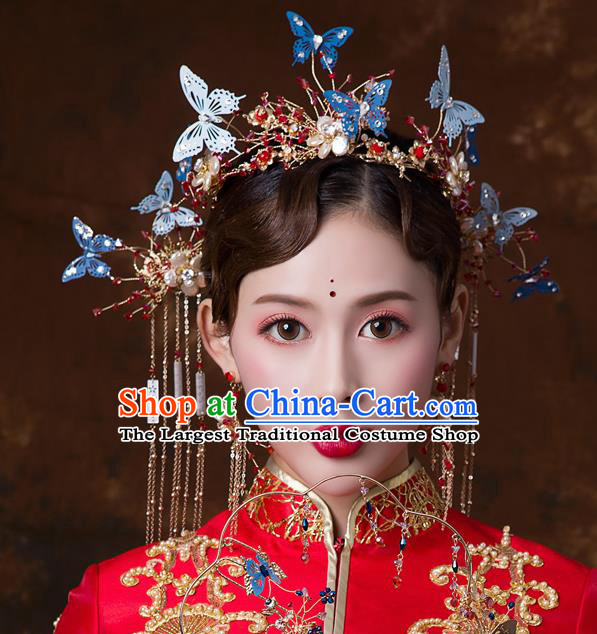 Chinese Ancient Wedding Blue Butterfly Hair Accessories Bride Phoenix Coronet Tassel Hairpins Headwear for Women