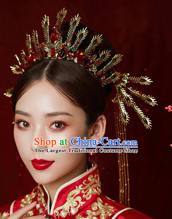 Chinese Ancient Wedding Hair Accessories Bride Golden Phoenix Coronet Tassel Hairpins Headwear for Women