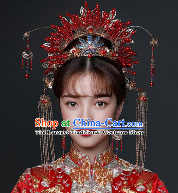 Chinese Ancient Wedding Hair Accessories Bride Red Beads Phoenix Coronet Tassel Hairpins Headwear for Women