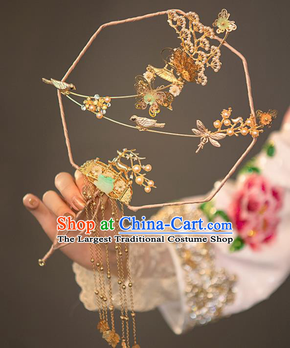 Chinese Ancient Wedding Accessories Bride Palace Fans Golden Tassel Round Fan for Women