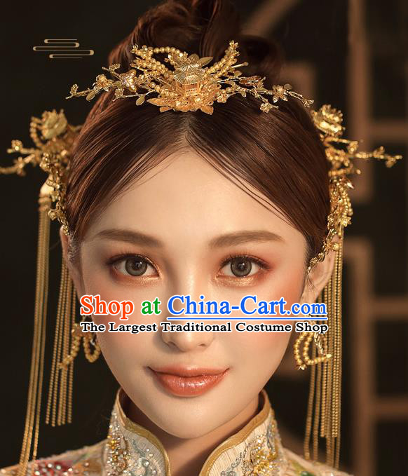 Chinese Ancient Palace Bride Golden Hair Crown Wedding Hair Accessories Tassel Hairpins Headwear for Women