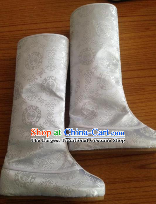 Chinese Traditional Shoes Beijing Opera White Boots Ancient Hanfu Satin Boots for Men